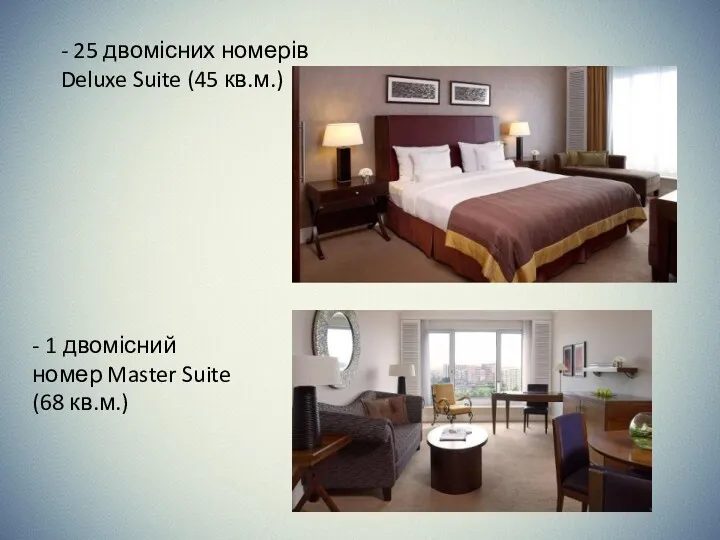 - 25 двомісних номерів Deluxe Suite (45 кв.м.) - 1 двомісний номер Master Suite (68 кв.м.)