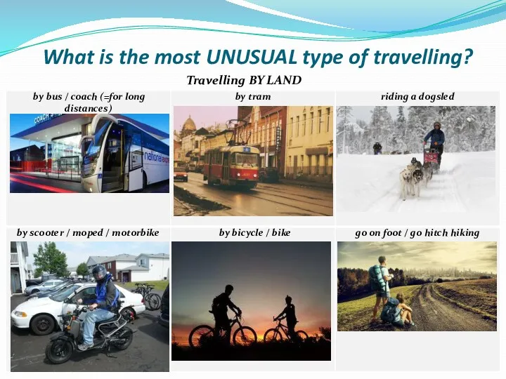 What is the most UNUSUAL type of travelling? Travelling BY LAND