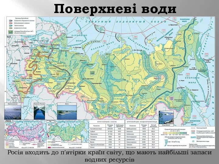 Поверхневі води Росія входить до п'ятірки країн світу, що мають найбільші запаси водних ресурсів