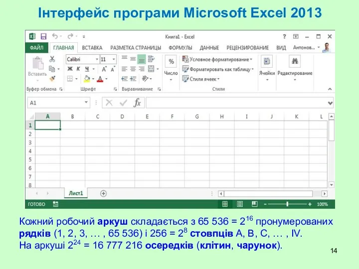 Інтерфейс програми Microsoft Excel 2013 Кожний робочий аркуш складається з