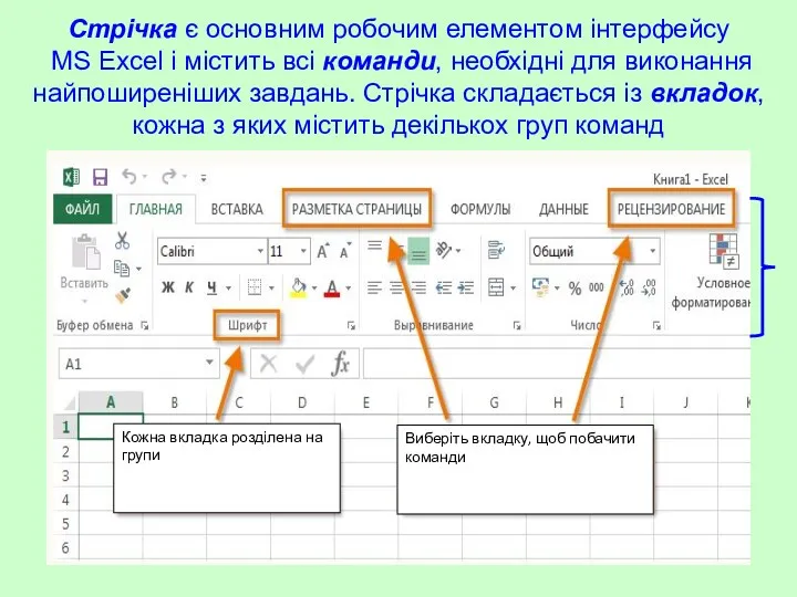 Стрічка є основним робочим елементом інтерфейсу MS Excel і містить