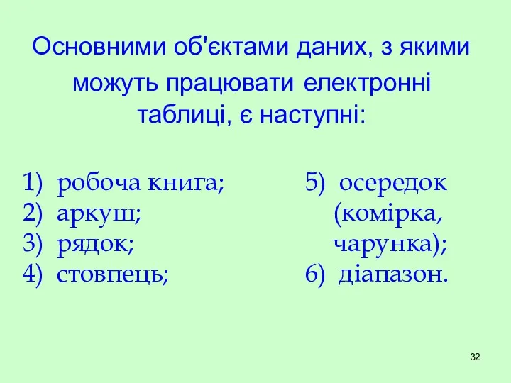 Основними об'єктами даних, з якими можуть працювати електронні таблиці, є наступні: