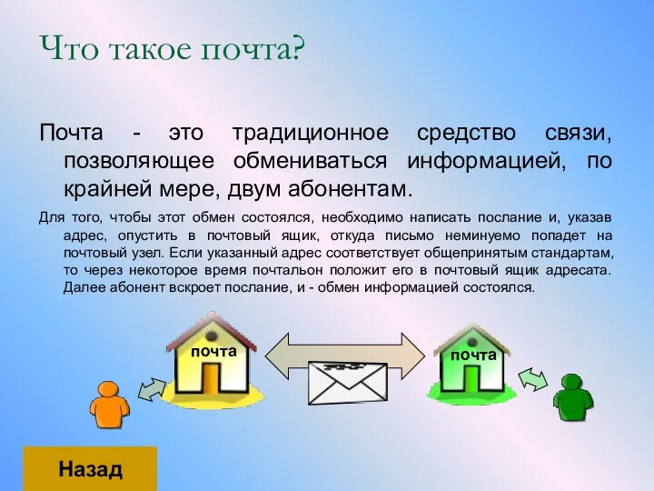 Что такое почта? Почта - это традиционное средство связи, позволяющее обмениваться информацией, по