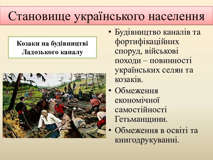 Становище українського населення Будівництво каналів та фортифікаційних споруд, військові походи