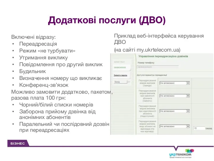 Включені відразу: Переадресація Режим «не турбувати» Утримання виклику Повідомлення про