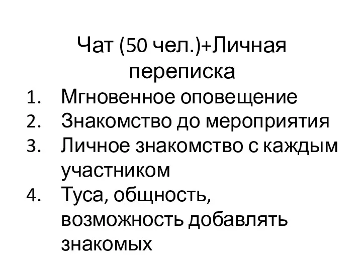 Чат (50 чел.)+Личная переписка Мгновенное оповещение Знакомство до мероприятия Личное