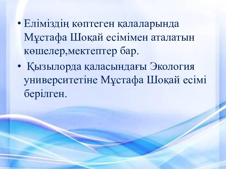 Еліміздің көптеген қалаларында Мұстафа Шоқай есімімен аталатын көшелер,мектептер бар. Қызылорда