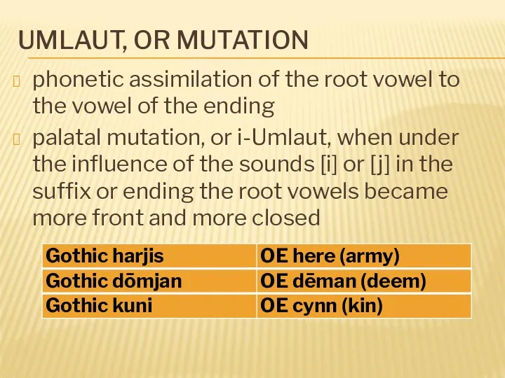 UMLAUT, OR MUTATION phonetic assimilation of the root vowel to