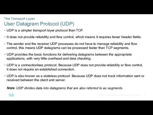 The Transport Layer User Datagram Protocol (UDP) UDP is a