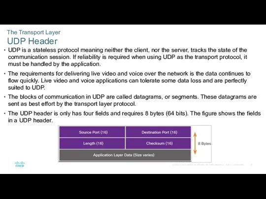 The Transport Layer UDP Header UDP is a stateless protocol
