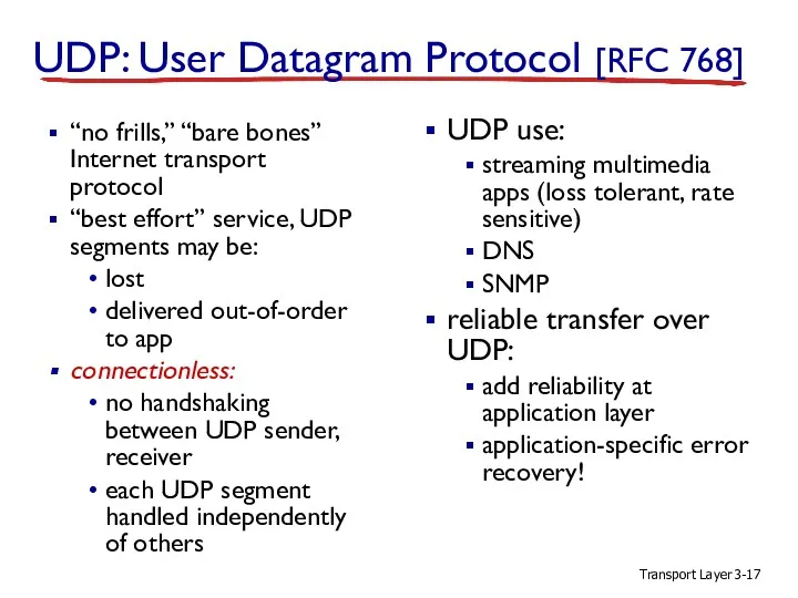 Transport Layer 3- UDP: User Datagram Protocol [RFC 768] “no