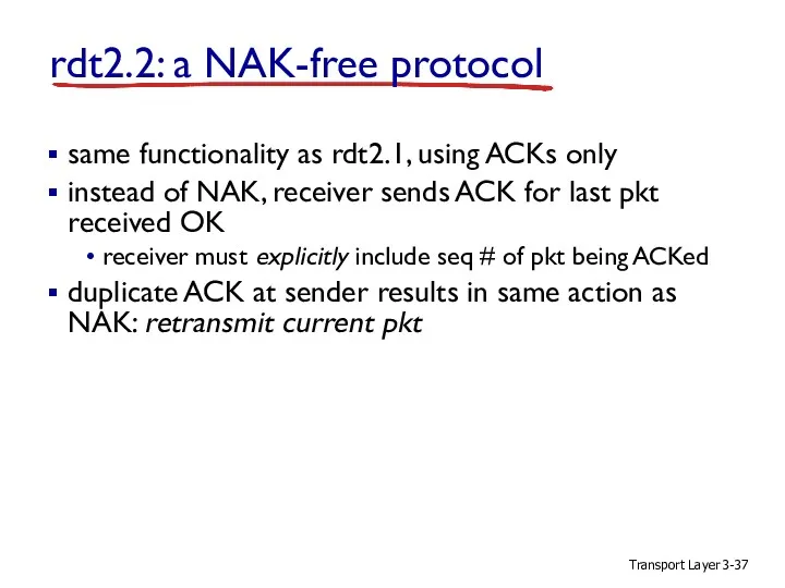 Transport Layer 3- rdt2.2: a NAK-free protocol same functionality as