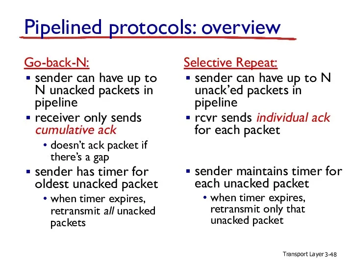 Transport Layer 3- Pipelined protocols: overview Go-back-N: sender can have