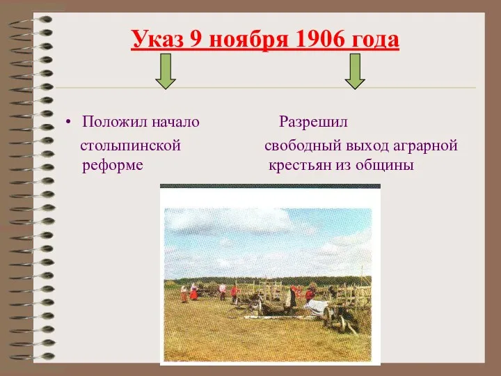 Указ 9 ноября 1906 года Положил начало Разрешил столыпинской свободный выход аграрной реформе крестьян из общины