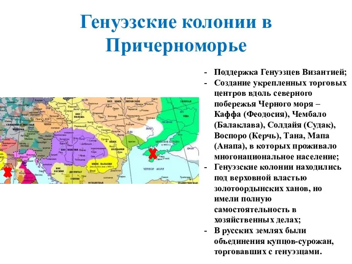 Генуэзские колонии в Причерноморье Поддержка Генуэзцев Византией; Создание укрепленных торговых