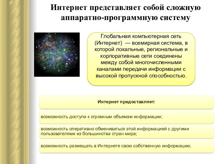 Интернет представляет собой сложную аппаратно-программную систему Глобальная компьютерная сеть (Интернет)