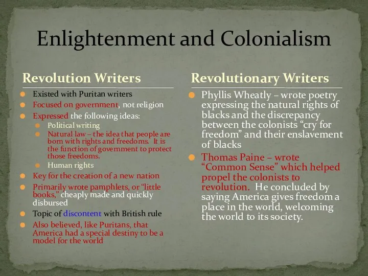 Revolution Writers Existed with Puritan writers Focused on government, not