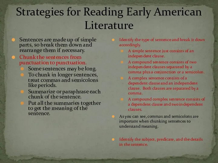 Strategies for Reading Early American Literature Sentences are made up
