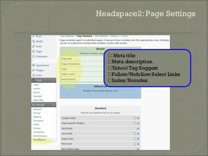 Headspace2: Page Settings ? Meta title ?Meta description ?Yahoo! Tag Suggest ?Follow/Nofollow Select Links ?Index/Noindex