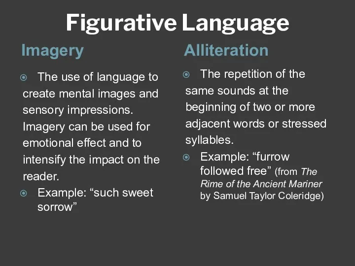 Figurative Language Imagery Alliteration The use of language to create