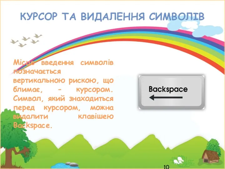 КУРСОР ТА ВИДАЛЕННЯ СИМВОЛІВ Місце введення символів позначається вертикальною рискою,