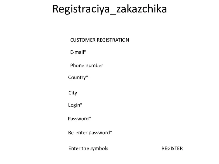 Registraciya_zakazchika CUSTOMER REGISTRATION E-mail* Phone number City Country* Login* Password* Re-enter password* Enter the symbols REGISTER