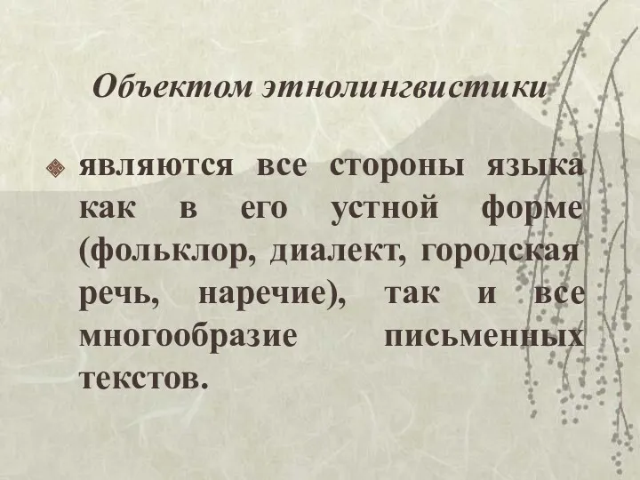 Объектом этнолингвистики являются все стороны языка как в его устной