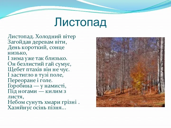 Листопад Листопад. Холодний вітер Загойдав деревам віти, День короткий, сонце