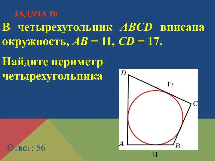 В четырехугольник ABCD вписана окружность, AB = 11, CD = 17. Найдите периметр