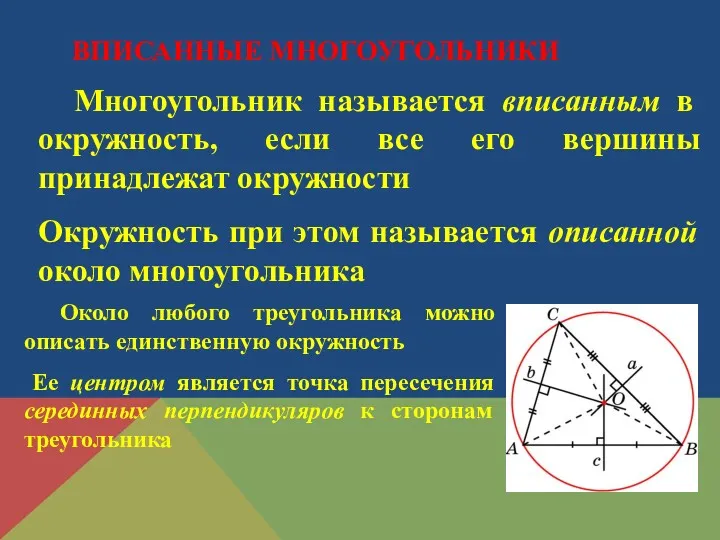 Многоугольник называется вписанным в окружность, если все его вершины принадлежат окружности Окружность при