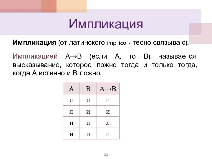 Импликация Импликация (от латинского implico - тесно связываю). Импликацией А→В