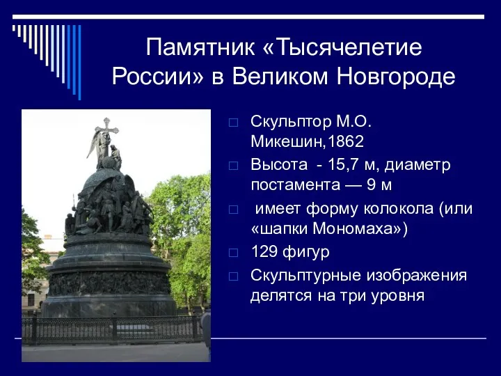 Памятник «Тысячелетие России» в Великом Новгороде Скульптор М.О.Микешин,1862 Высота -