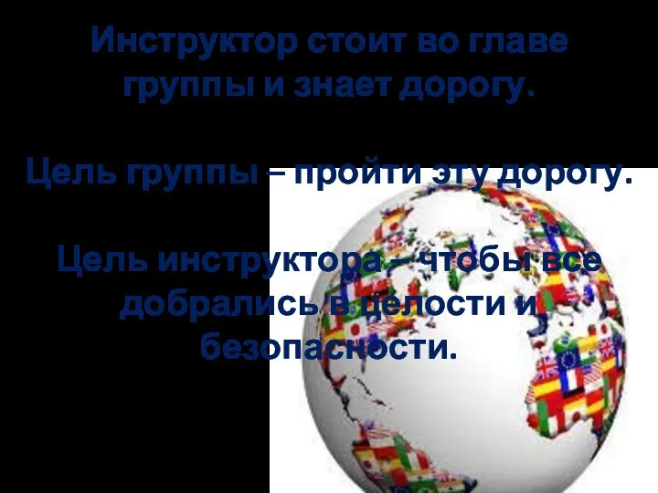 Инструктор стоит во главе группы и знает дорогу. Цель группы