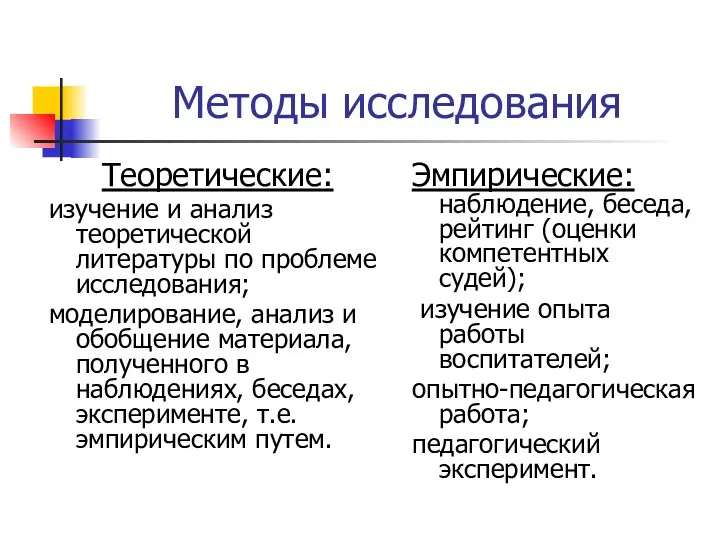 Методы исследования Теоретические: изучение и анализ теоретической литературы по проблеме