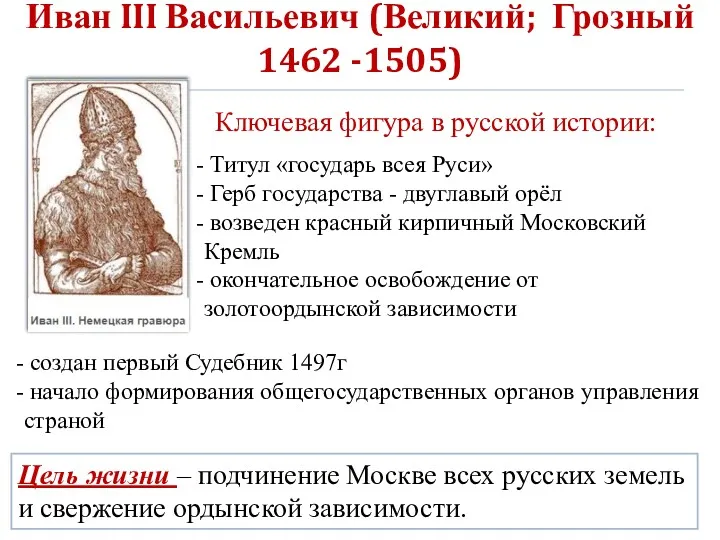 Иван III Васильевич (Великий; Грозный 1462 -1505) Ключевая фигура в русской истории: Цель