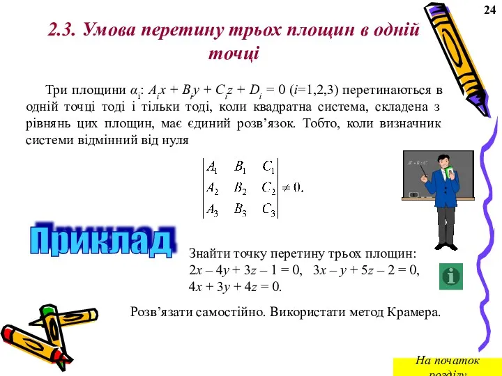 2.3. Умова перетину трьох площин в одній точці Три площини