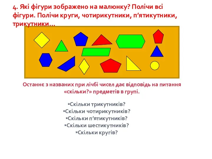 4. Які фігури зображено на малюнку? Полічи всі фігури. Полічи