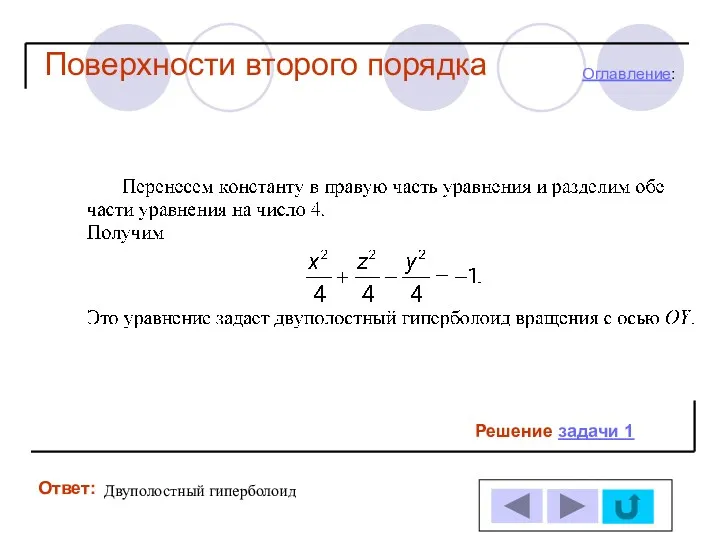 Решение задачи 1 Ответ: Оглавление: Поверхности второго порядка Двуполостный гиперболоид