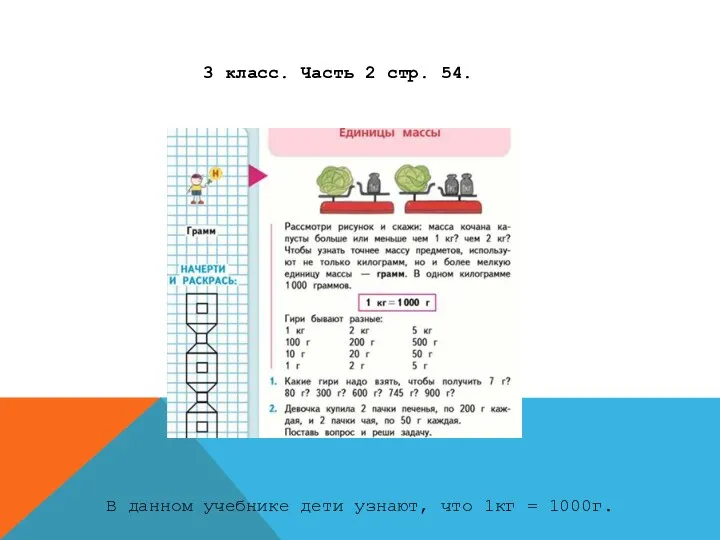 3 класс. Часть 2 стр. 54. В данном учебнике дети узнают, что 1кг = 1000г.