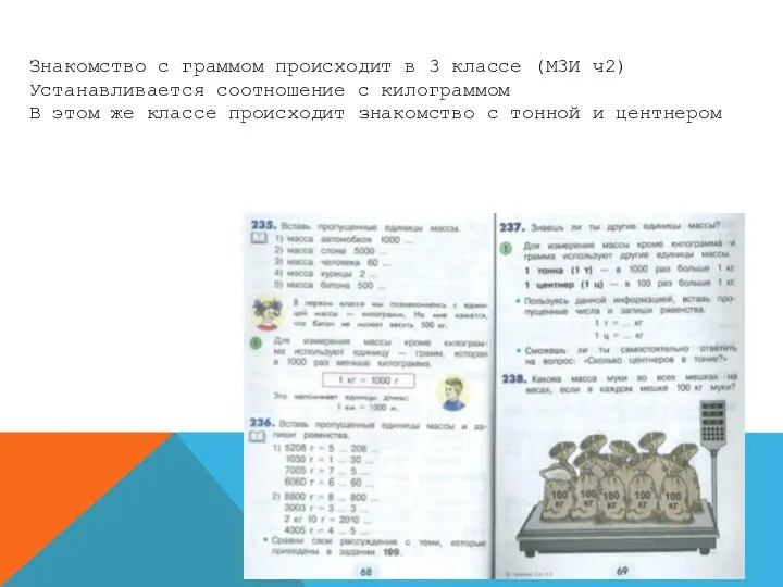 Знакомство с граммом происходит в 3 классе (М3И ч2) Устанавливается соотношение с килограммом