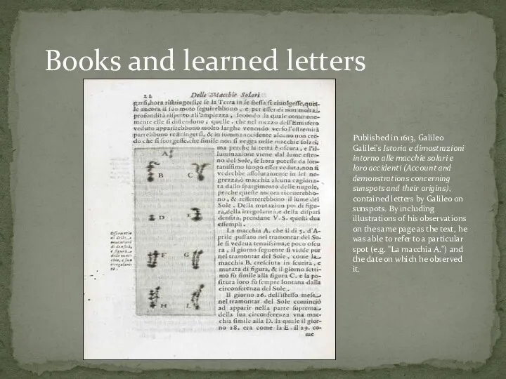 Books and learned letters Published in 1613, Galileo Galilei's Istoria