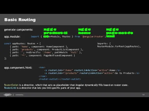 Basic Routing import { RouterModule, Routes } from '@angular/router'; ng