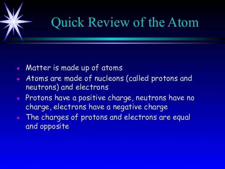 Quick Review of the Atom Matter is made up of atoms Atoms are