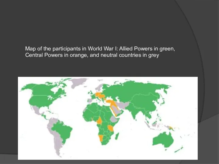 Map of the participants in World War I: Allied Powers in green, Central