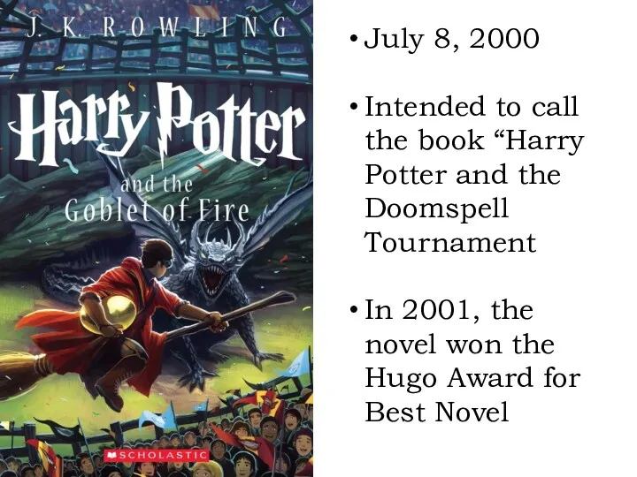 July 8, 2000 Intended to call the book “Harry Potter