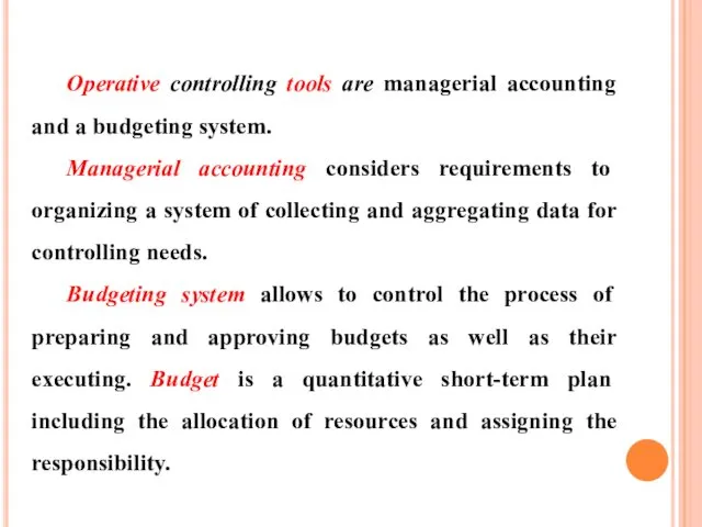 Operative controlling tools are managerial accounting and a budgeting system.