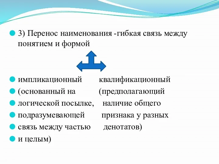 3) Перенос наименования -гибкая связь между понятием и формой импликационный