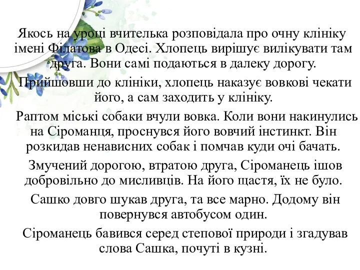 Якось на уроці вчителька розповідала про очну клініку імені Філатова