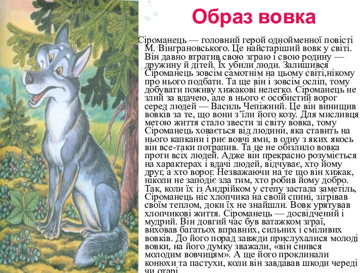 Образ вовка Сіроманець — головний герой однойменної повісті М. Вінграновського.