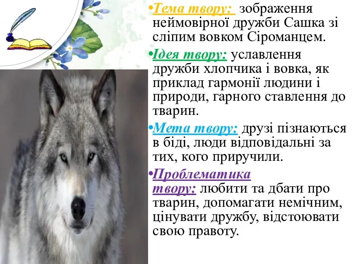 Тема твору: зображення неймовірної дружби Сашка зі сліпим вовком Сіроманцем.